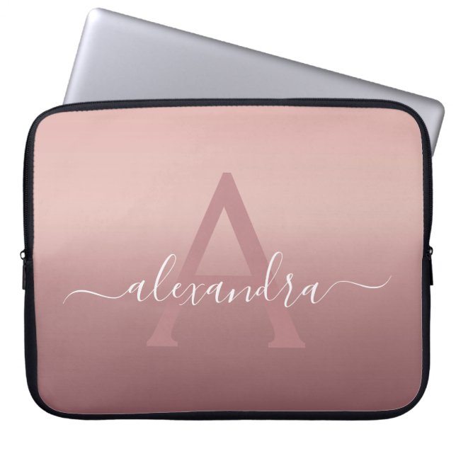Girly Pink Rose Gold Mongram Ombre Gradient Laptop Sleeve (Front)