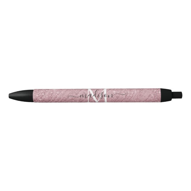 Girly Pink Rose Gold Monogram Glam Glitter Sparkle Black Ink Pen (Front)