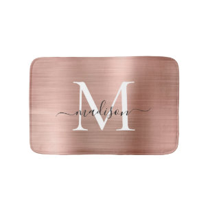 Girly Pink Rose Gold Monogram Script Brushed Metal Bath Mat