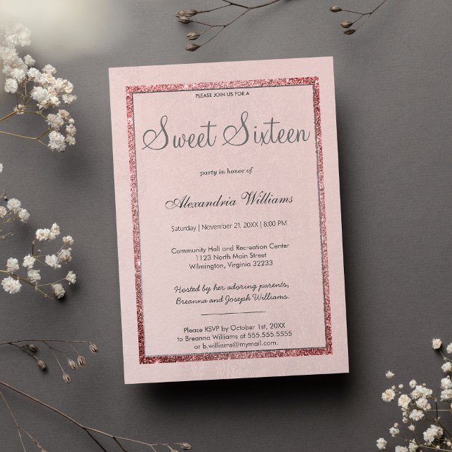 Girly pink rose gold silver glitter Sweet 16  Invitation (Girly pink rose gold silver glitter Sweet 16 )