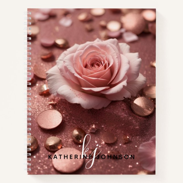Girly Pink Rose Gold Sparkle Glitter Monogram Name Notebook (Front)