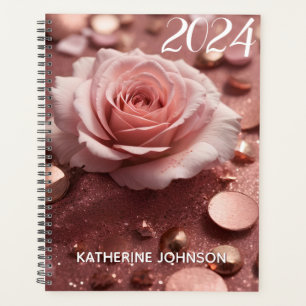 Girly Pink Rose Gold Sparkle Glitter Monogram Name Planner