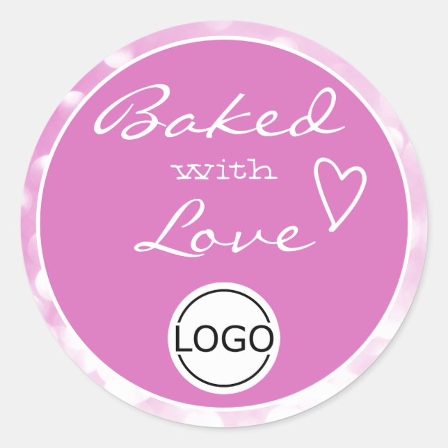 Girly Pink Rose Orbs Frame Baked with Love Logo  Classic Round Sticker (Front)