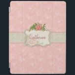 Girly Pink Roses and Damask Personalised iPad Smart Cover<br><div class="desc">Pink floral background with band of grey damask,  centre floral label with spray of girly roses and room for personalisation.</div>