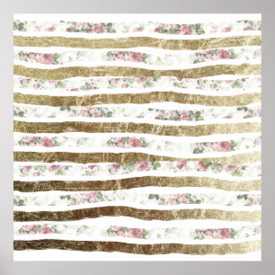 Girly Pink Roses and Faux Gold Brushstrokes Poster