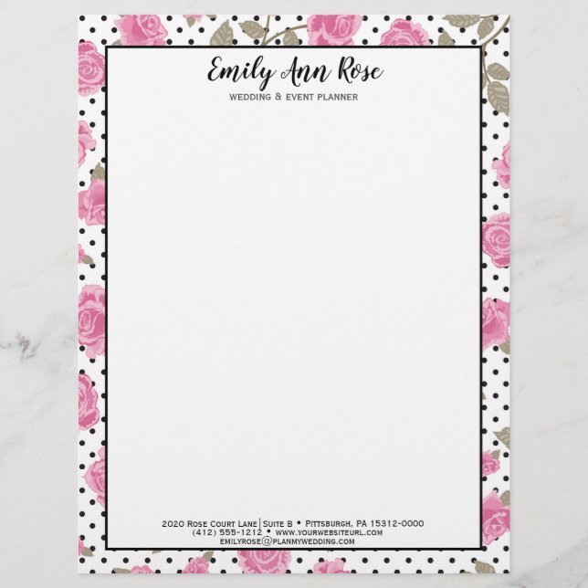 Girly Pink Roses Script Girly Floral Stationary Custom Letterhead (Front)