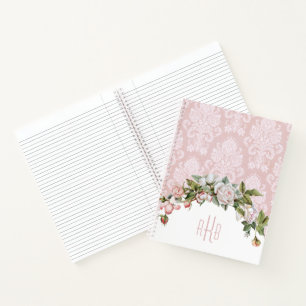 Girly Pink Roses, Vintage Damask and Monogram Notebook