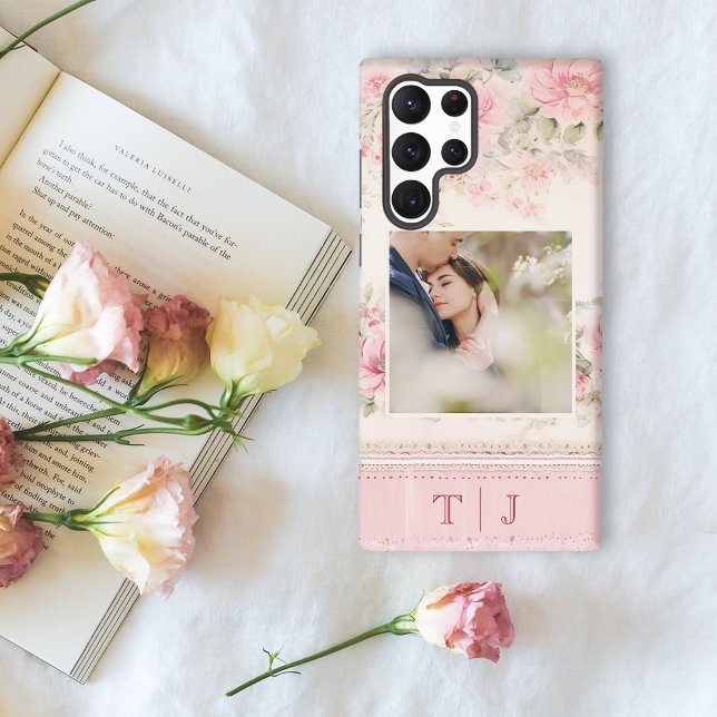 Girly Pink Roses w/Photo & Monogram Samsung Galaxy S22 Ultra Case (Creator Uploaded)