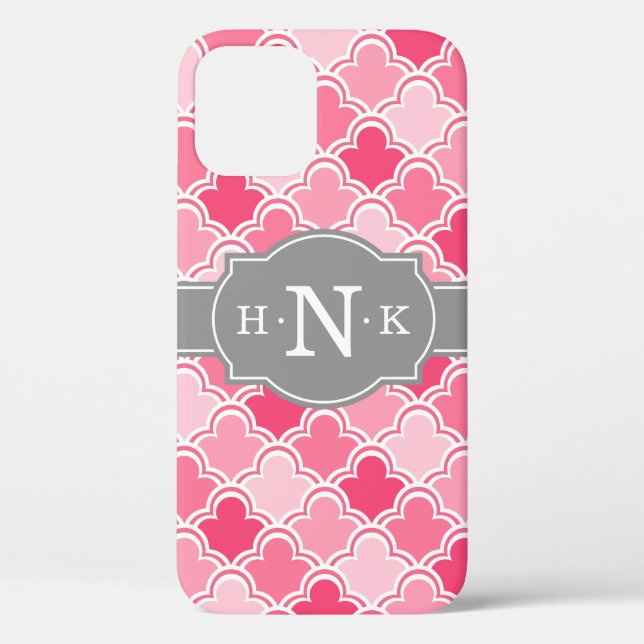 Girly Pink Scallop Pattern Grey Monogram Tile Case-Mate iPhone Case (Back)
