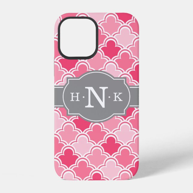 Girly Pink Scallop Pattern Grey Monogram Tile iPhone Case (Back)