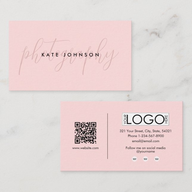 Girly Pink Script Calligraphy Signature QR Code Business Card (Front/Back)