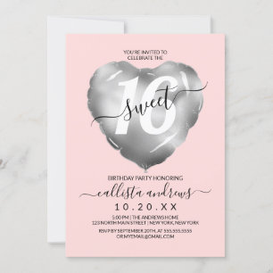 Girly Pink Silver Foil Heart Balloon Sweet 16 Invitation