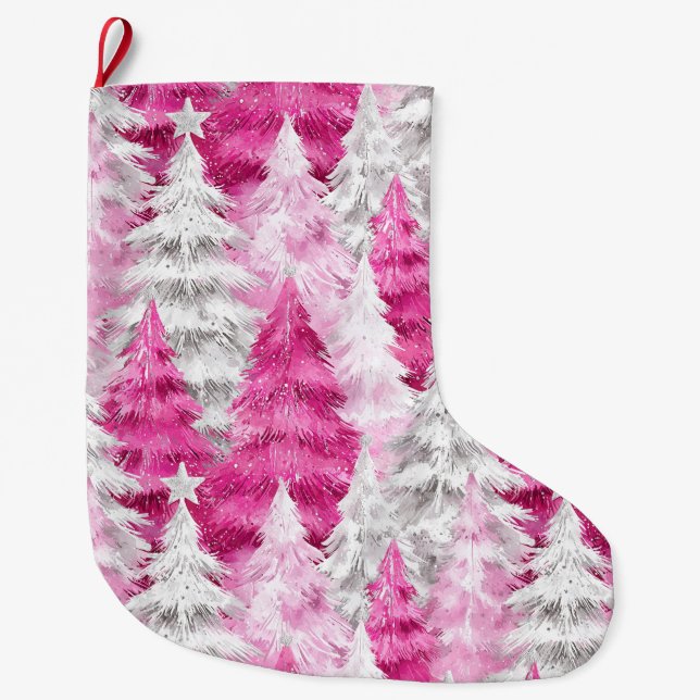 Girly Pink Silver Glam Christmas Trees   Large Christmas Stocking (Front)