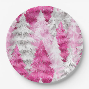 Girly Pink Silver Glam Christmas Trees  Paper Plate