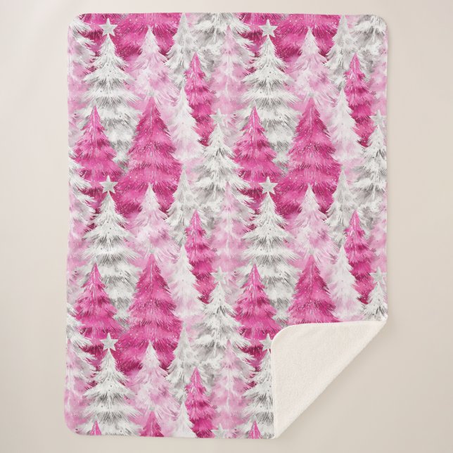 Girly Pink Silver Glam Christmas Trees Stripes Sherpa Blanket (Front)