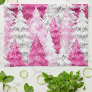 Girly Pink Silver Glam Christmas Trees Stripes Tea Towel