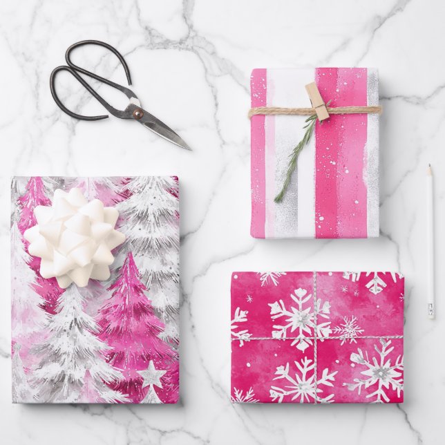 Girly Pink Silver Glam Christmas Trees Stripes Wrapping Paper Sheet (Front)