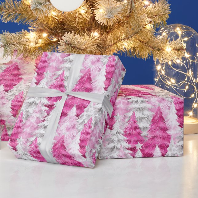 Girly Pink Silver Glam Christmas Trees Wrapping Paper (Holidays)