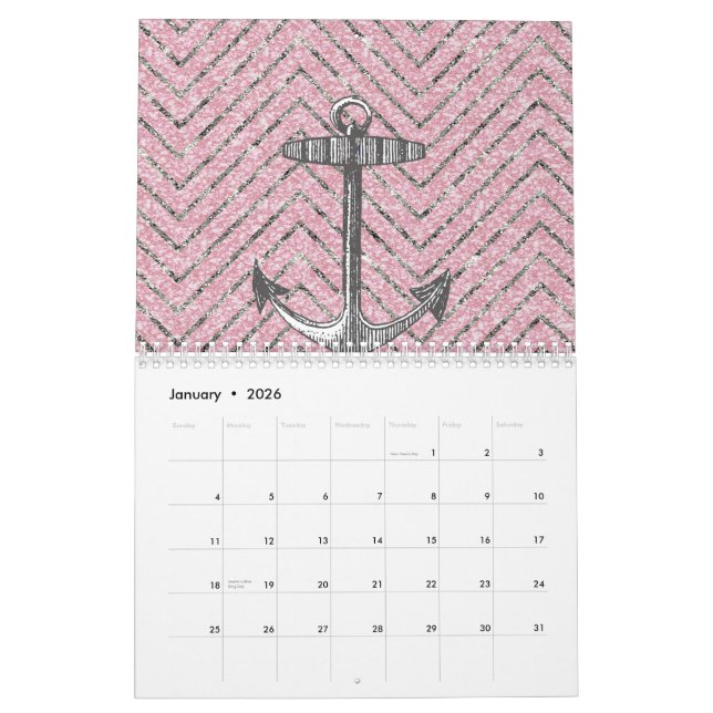 Girly Pink Silver Glitter Chevron Pattern Anchor Calendar (Jan 2026)