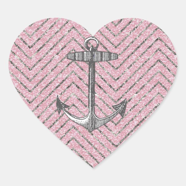 Girly Pink Silver Glitter Chevron Pattern Anchor Heart Sticker (Front)