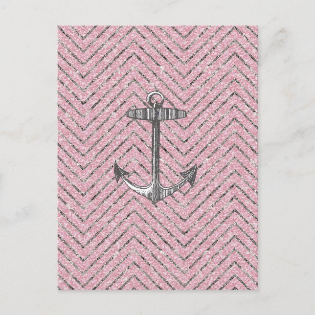 Girly Pink Silver Glitter Chevron Pattern Anchor Postcard (Front)