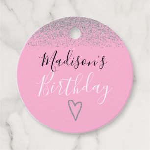 Girly Pink Silver Glitter Sparkles Heart Birthday Favour Tags