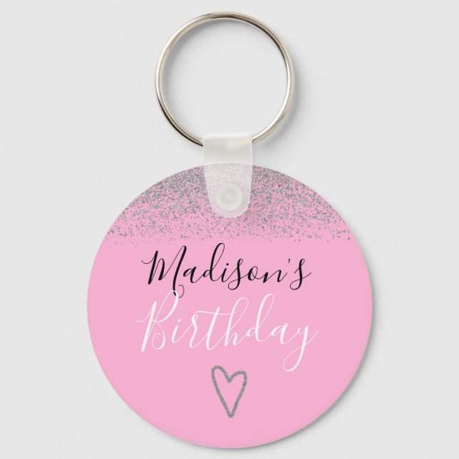 Girly Pink Silver Glitter Sparkles Heart Birthday Key Ring (Front)