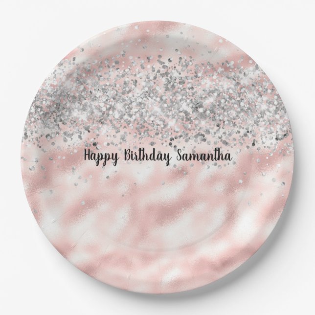 Girly Pink Silver Glitzy Glitter Sparkle Confetti Paper Plate (Front)