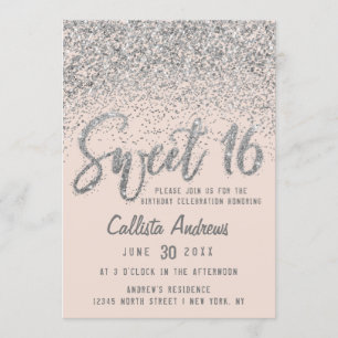 Girly Pink Silver Scattered Glitter Ombre Sweet 16 Invitation