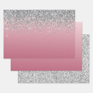 Girly Pink Silver Sparkle Glitter     Wrapping Paper Sheet