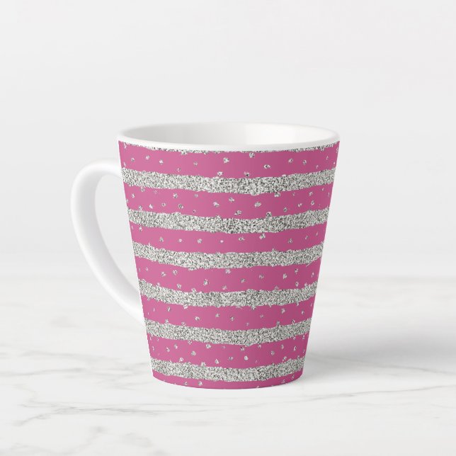 Girly Pink Silver Sparkly Confetti Stripes Latte Mug (Left Angle)