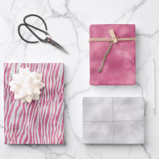 Girly Pink Silver Zebra print  Wrapping Paper Sheet (Front)