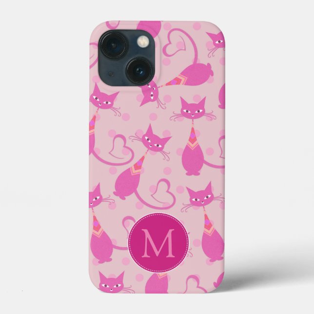 Girly Pink Sleek Cat Pattern Monogram Case-Mate iPhone Case (Back)