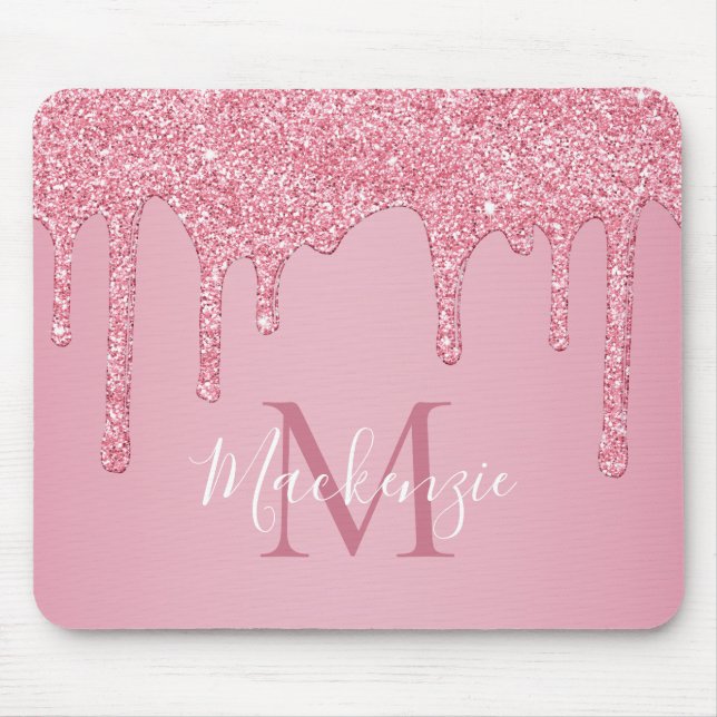 Girly Pink Sparkle Glitter Drips Monogram Mouse Pad (Front)