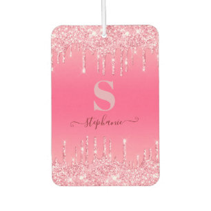 Girly Pink Sparkle Glitter Monogram Car Air Freshener