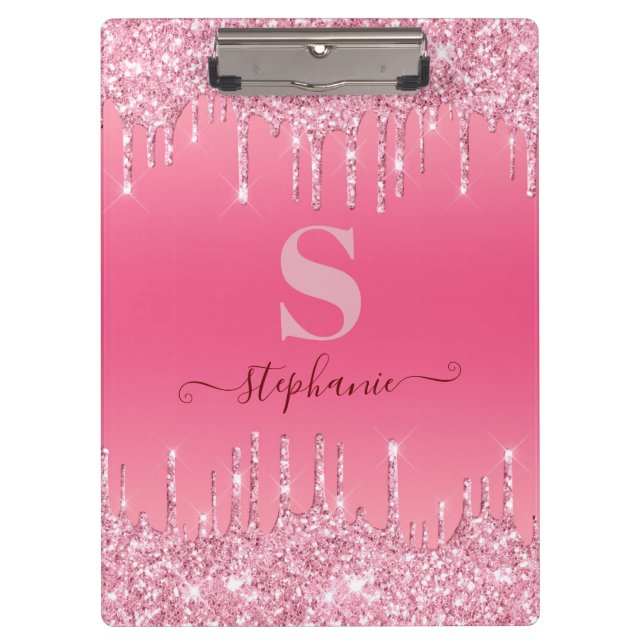 Girly Pink Sparkle Glitter Monogram Clipboard (Front)