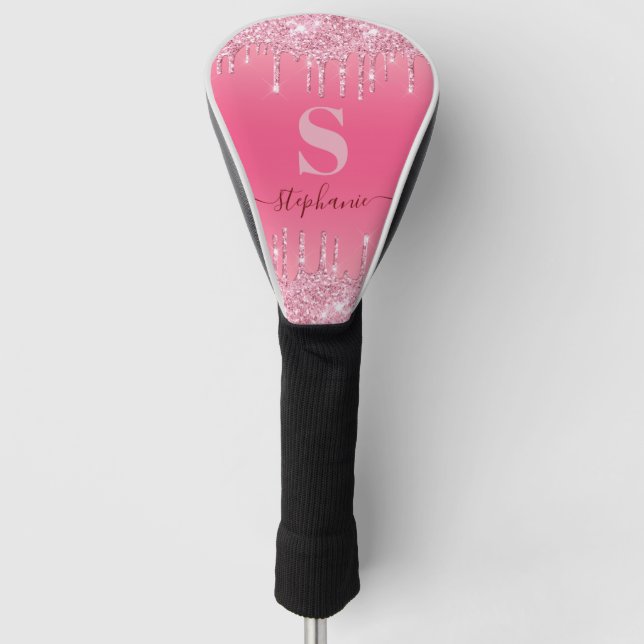 Girly Pink Sparkle Glitter Monogram Golf Head Cover (Front)