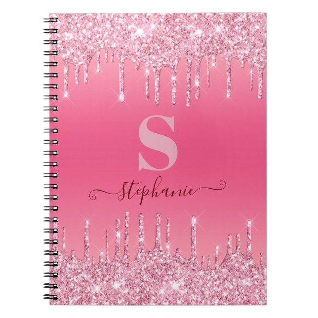 Girly Pink Sparkle Glitter Monogram Notebook (Front)