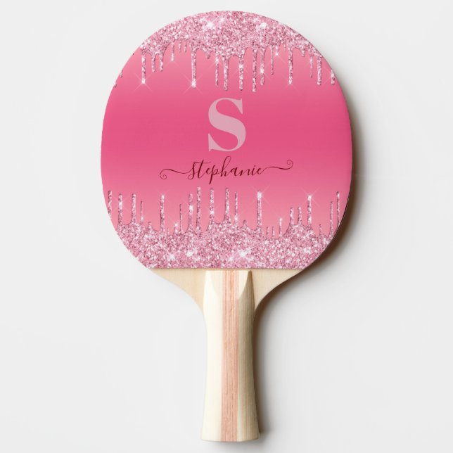 Girly Pink Sparkle Glitter Monogram Ping Pong Padd Ping Pong Paddle (Back)