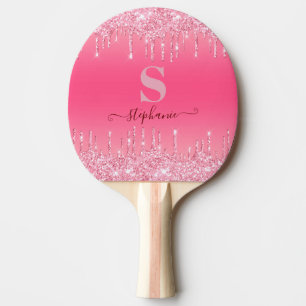 Girly Pink Sparkle Glitter Monogram Ping Pong Paddle
