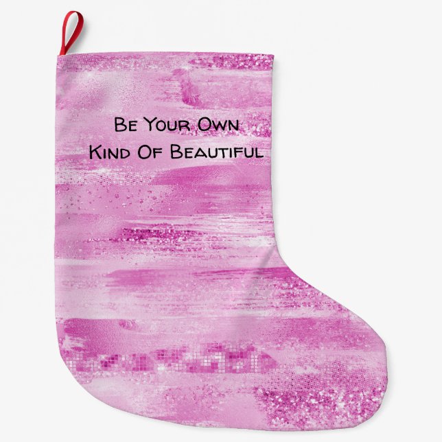 Girly Pink Sparkle Stripes Large Christmas Stocking (Front)