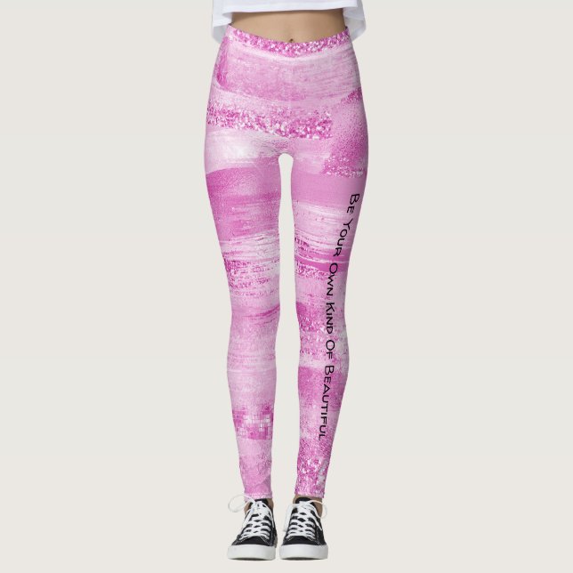 Girly Pink Sparkle Stripes Leggings (Front)