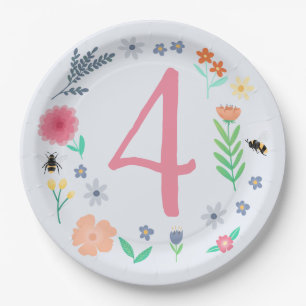 Girly Pink Spring Floral Bee Kids Birthday Paper Plate
