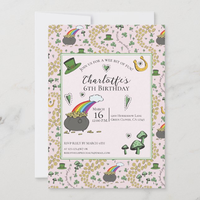 Girly Pink St Patricks Day Kids Birthday Invitation (Front)