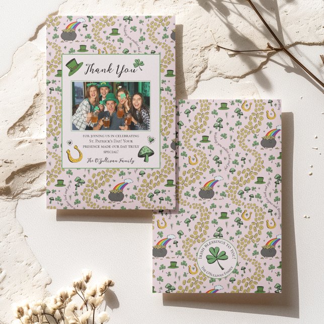 Girly Pink St Patricks Irish Thank You Card (St Patricks Day Custom Photo, Thank You Message and Name with Irish Blessing on Back of the Card. 
)