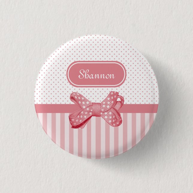 Girly Pink Stripes Cute Polka Dot Bow With Name 3 Cm Round Badge (Front)