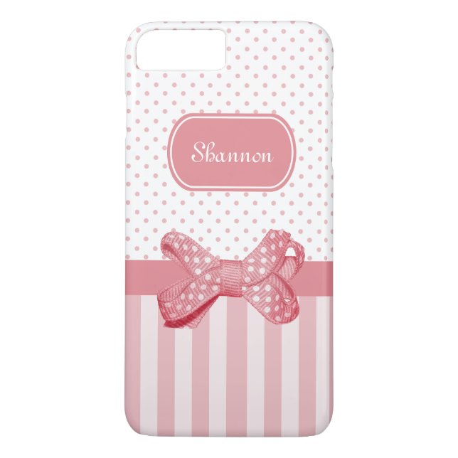 Girly Pink Stripes Cute Polka Dot Bow With Name Case-Mate iPhone Case (Back)