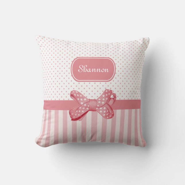 Girly Pink Stripes Cute Polka Dot Bow With Name Cushion (Front)