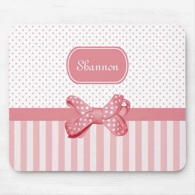 Girly Pink Stripes Cute Polka Dot Bow With Name Mouse Pad (Front)
