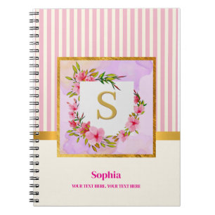 Girly Pink Stripes, Faux Gold Foil Floral Monogram Notebook
